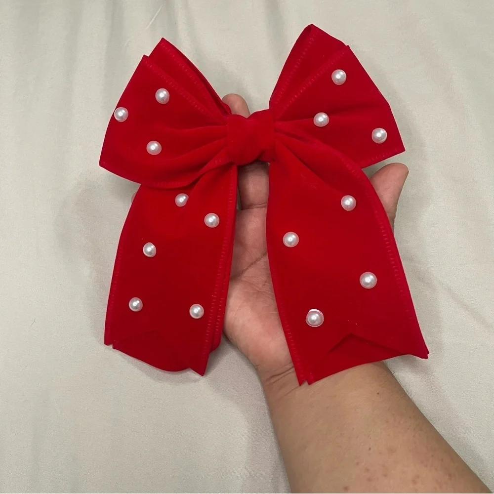 Red double layered pearl bow clip on accessories feminine chic valentines girl
